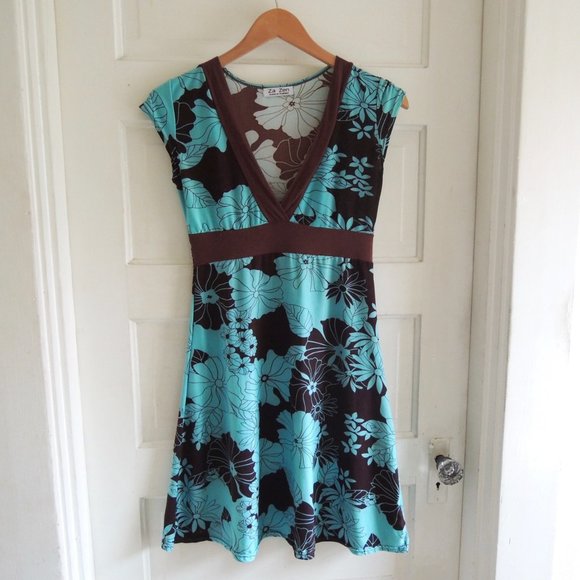 Za Zen Teal & Brown Floral V-Neck Knit Midi Dress S - Picture 1 of 8